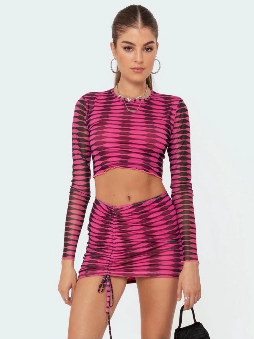 Edikted pink and black geometric-print mesh two-piece set xs